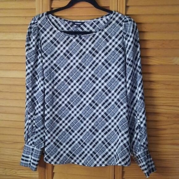 Express Black and White Fall Plaid Long Cuff Sleeve U Neckline Tunic Size S/P - Picture 2 of 6